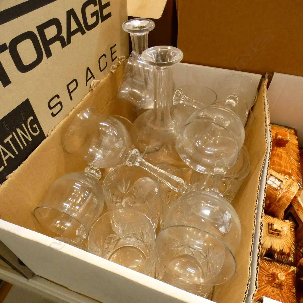 BOX LOT ASST. CRYSTAL; 5 TUMBLERS, WINE GLASSES, PR DECANTERS (STOPPER AF) Image 1++
