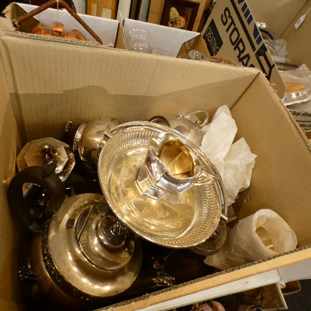 LARGE BOX OF EP ITEMS INCL COFFEE POTS + SALTS BOTTLE + TUDRIC PEWTER JUG   Image 1++