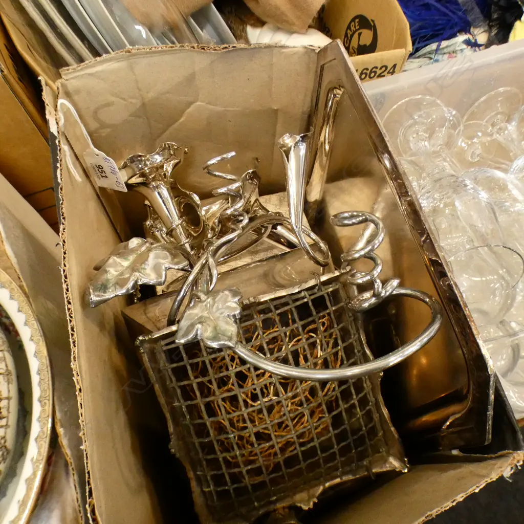 BOX OF SILVERPLATE INCLUDES BOXED TEASPOONS FORKS HANDMIRROR AND ROSEBOWL Image 1++