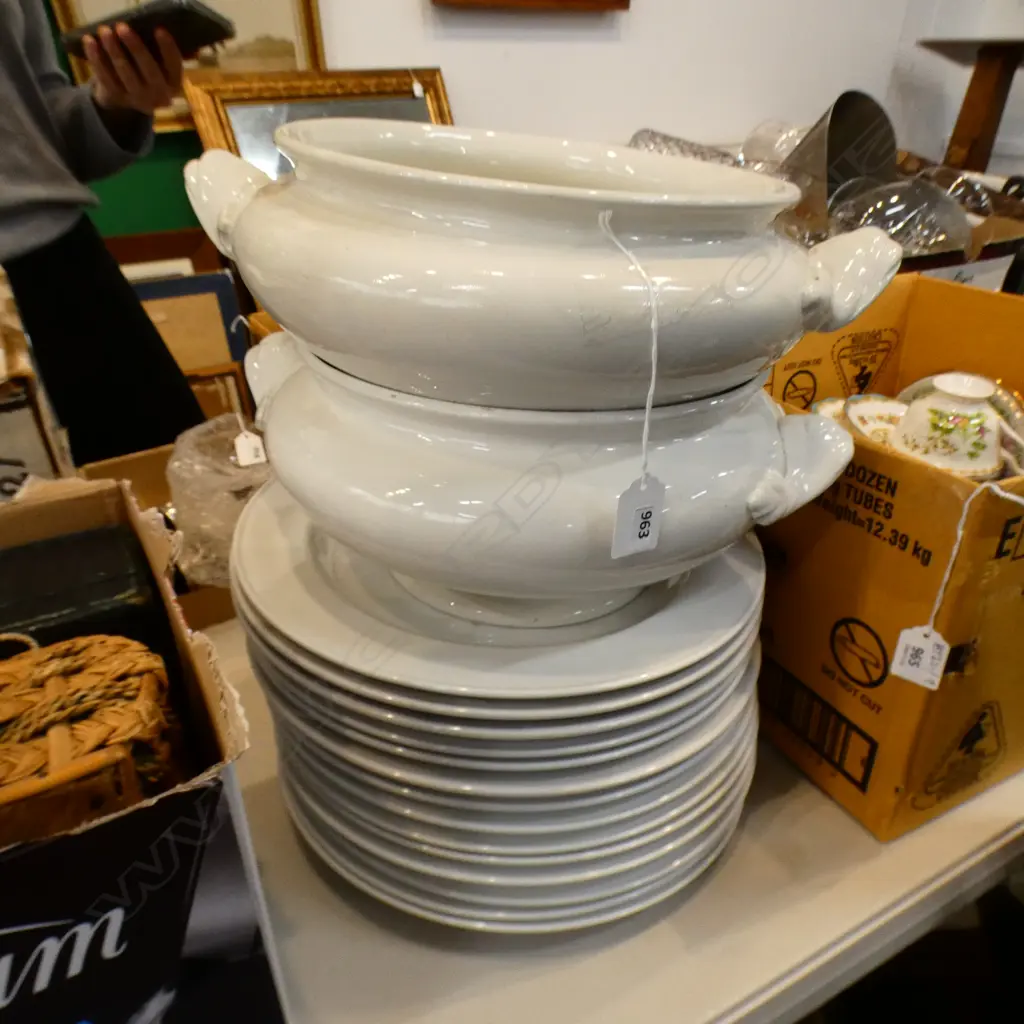 14 LARGE WHITE DINNER PLATES + 2 TUREENS  Image 1++