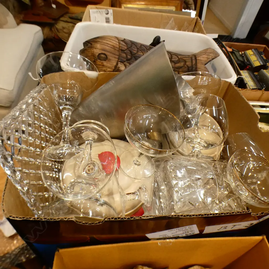 BOX LOT ASST. WHITE CHINA, DRINKING GLASSES Image 1++