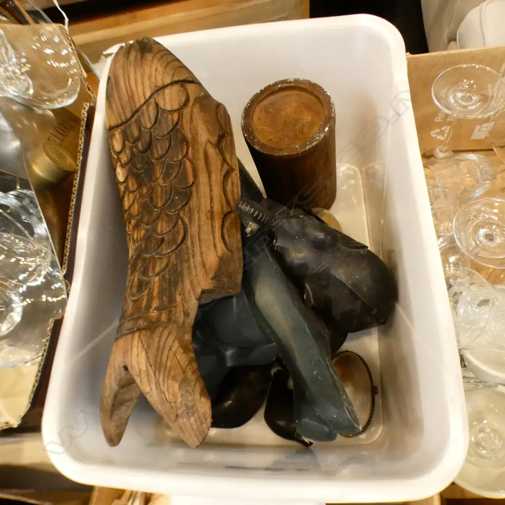 BOX LOT CARVED WOODEN ELEPHANTS, BLACK RESIN CAT ETC Image 1++