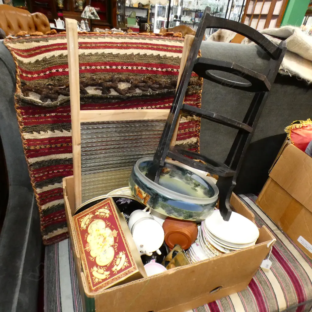 BOX LOT ASST. CHINA, TRIOS, GLASS WASH BOARD, PLATE STAND & LIGHT SHADE Image 1++
