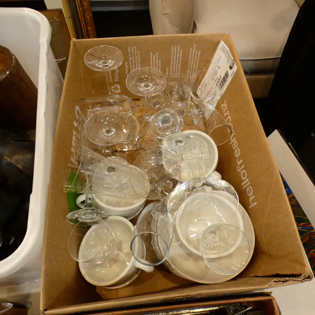 BOX LOT COFFEE CUPS, CHAMPAGNE GLASSES ETC Image 1++