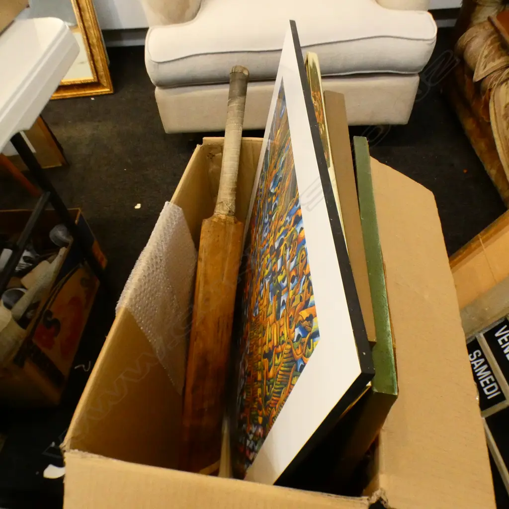 BOX LOT ASST. ARTWORKS; DEAN BUCHANAN 'WHANGAPOUA NIKAU' PRINT ETC + CRICKET BAT Image 1++