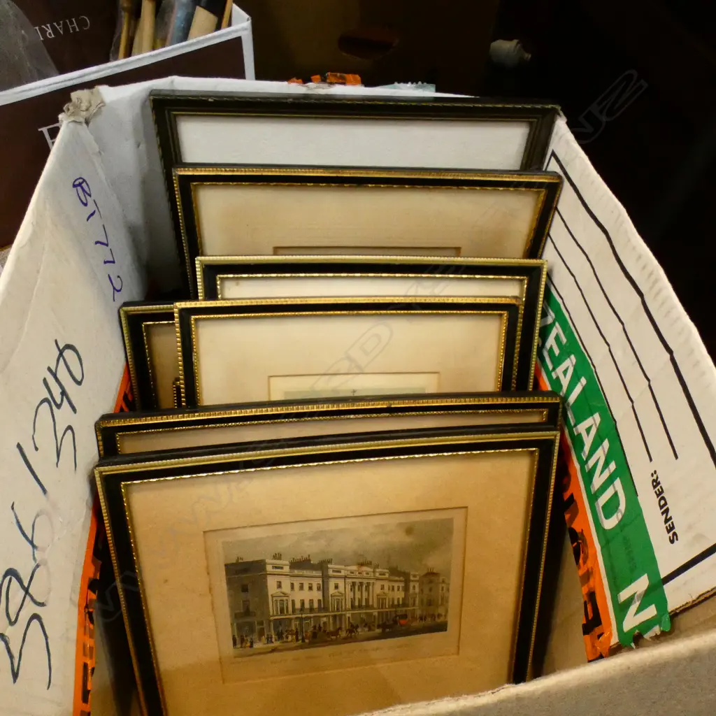 10 SMALL FRAMED WORKS .ENGRAVINGS MOSTLY ENGLISH SCENES HANDCOLORED SOME FAUXING Image 1++