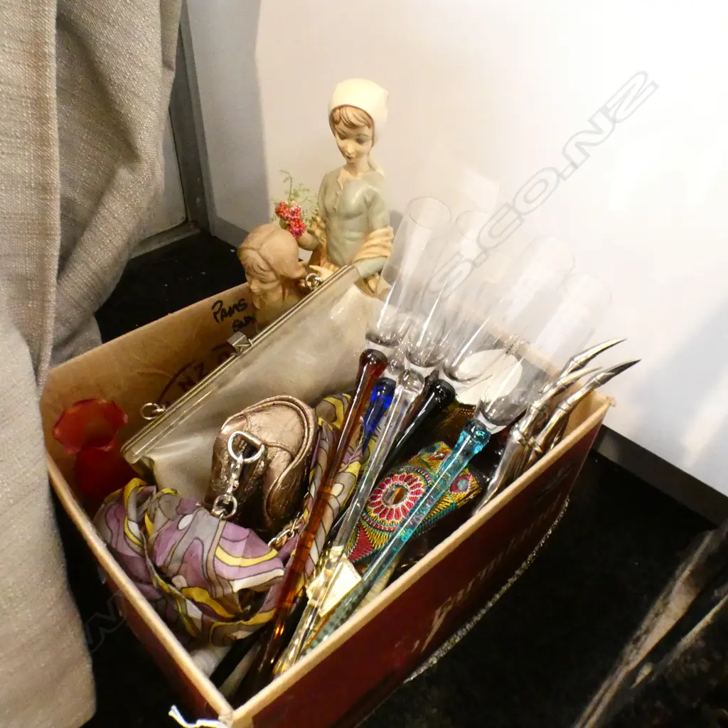 BOX LOT TALL CHAMPAGNE GLASSES, FIGURE, BAGS ETC Image 1++