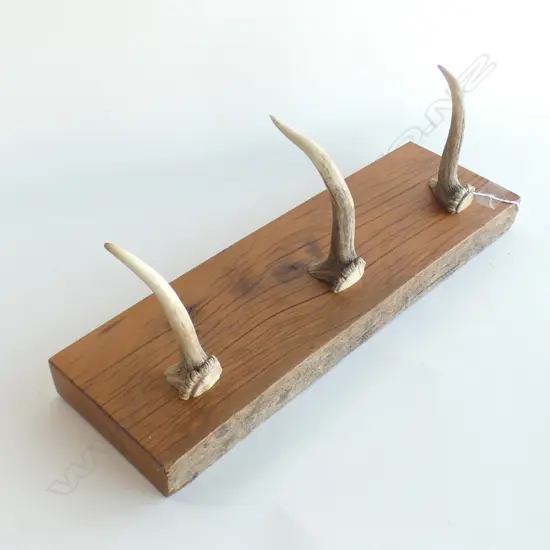 COAT RACK WOODEN MOUNT WITH 3 ANTLER COAT HOOKS L 460 MM