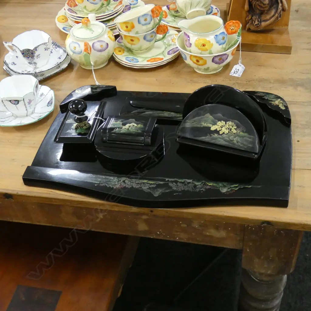 6 PCE ORIENTAL BLACK LACQUER DESK SET Image 1++