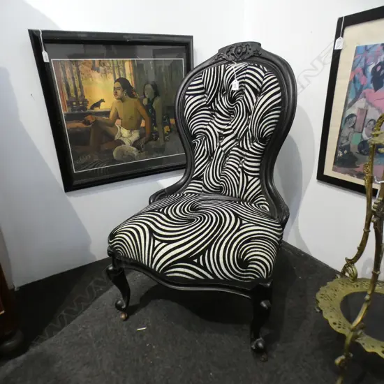 VICTORIAN GRANDMOTHER CHAIR; BLACK & WHITE UPHOLSTERTY