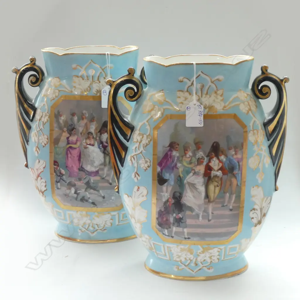 PAIR LATE 19THC OPEN TOPPED VASES BOTH WITH HANDHIGHLIGHTED VIGNETTES NAPOLEONIC PERIOD SCENES  330MM H 290MM W Image 1++