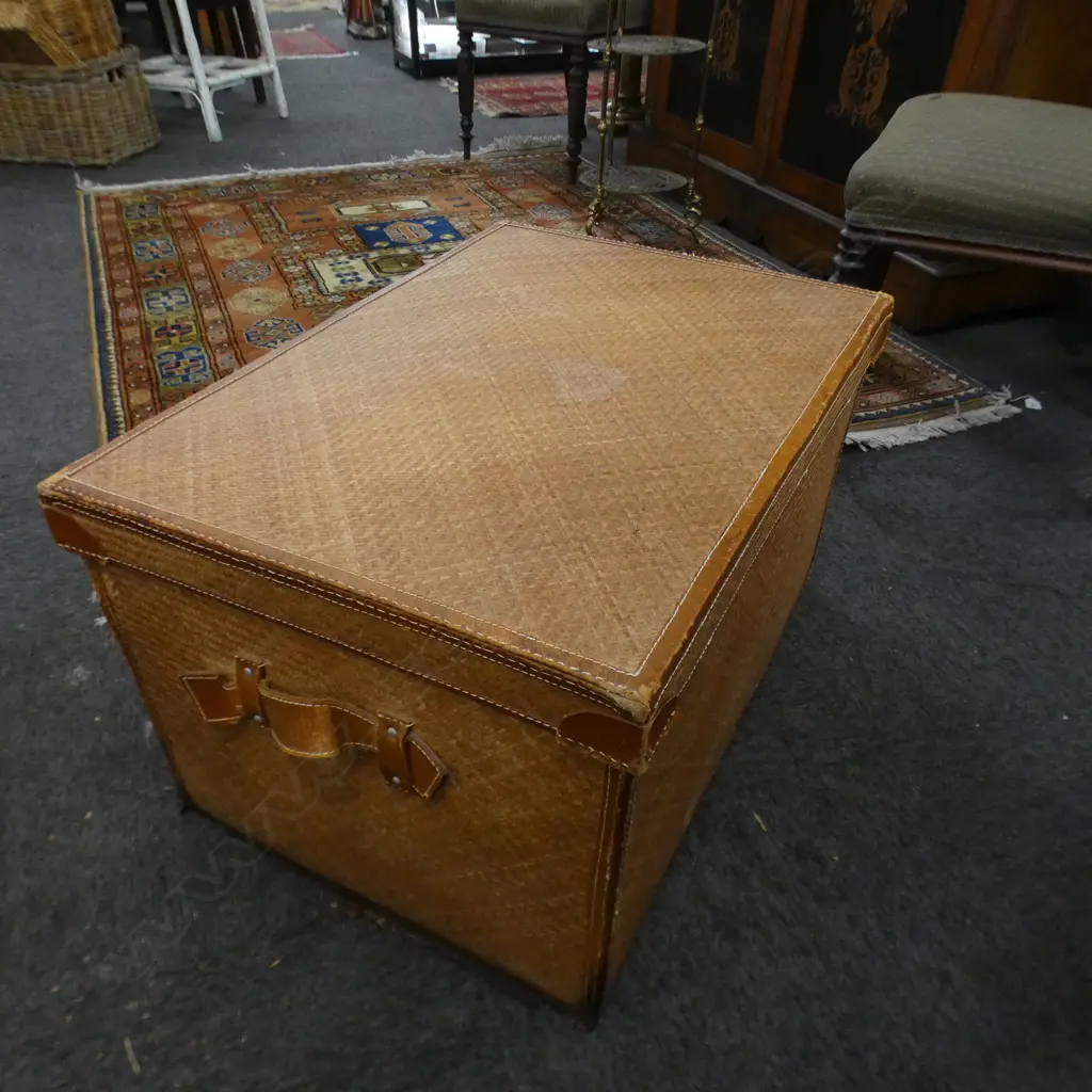 WOVEN CANE & LEATHER TRIM TRAVEL TRUNK W.690mm Image 1++