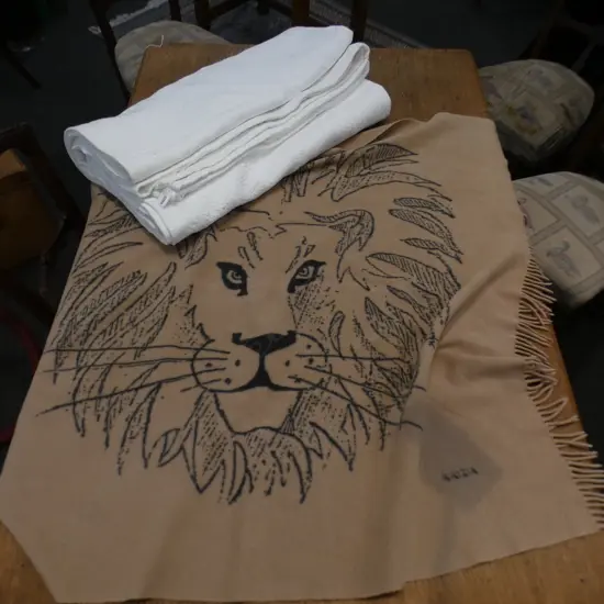 TAN WOOL THROW w. LION HEAD DESIGN 'KRIZIA' + COTTON JACQUARD 'BELLORA' ITALIAN BEDSPREAD