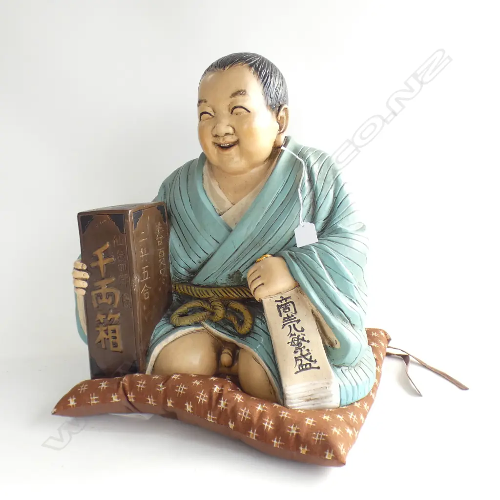 VINTAGE JAPANESE PAINTED PLASTER KNEELING FIGURE DONATION BOX H.420mm Image 1++