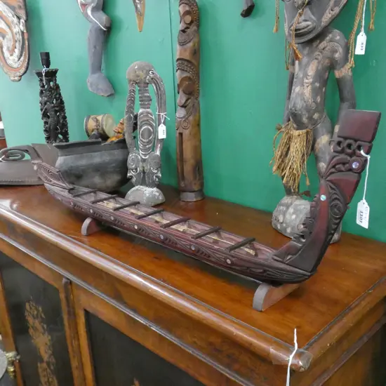 CARVED WOODEN MAORI WAKA ON STAND L.870mm