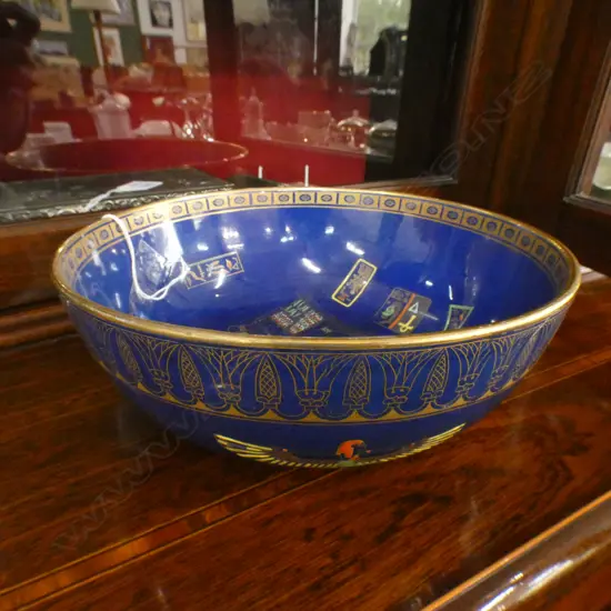CARLTONWARE (W AND R PERIOD) BOWL EGYPTIAN PATTERN ON BLUE GROUND RIM REPAIR 200MM DIAMETER