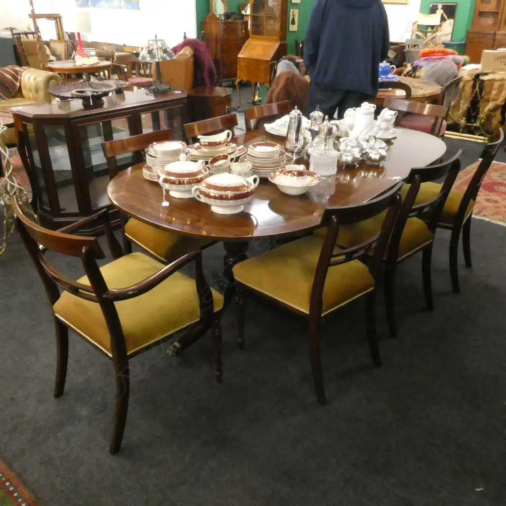 WARREN & HOWARD (AUCKLAND) REGENCY STYLE TWIN PED. EXT. DINING TABLE + 8 CHAIRS Image 1++