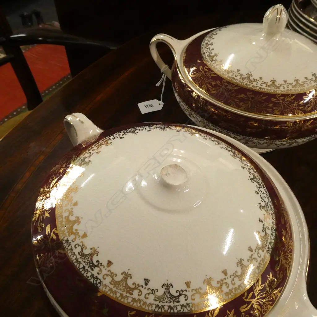 J & G MEAKIN DINNER SERVICE; 1851-1951 CENTENARY - MAROON & GOLD GILT ON CREAM  41 PCS Image 1++