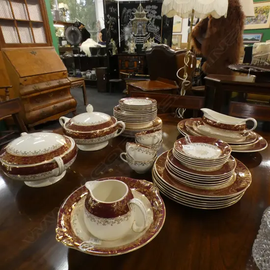 J & G MEAKIN DINNER SERVICE; 1851-1951 CENTENARY - MAROON & GOLD GILT ON CREAM  41 PCS