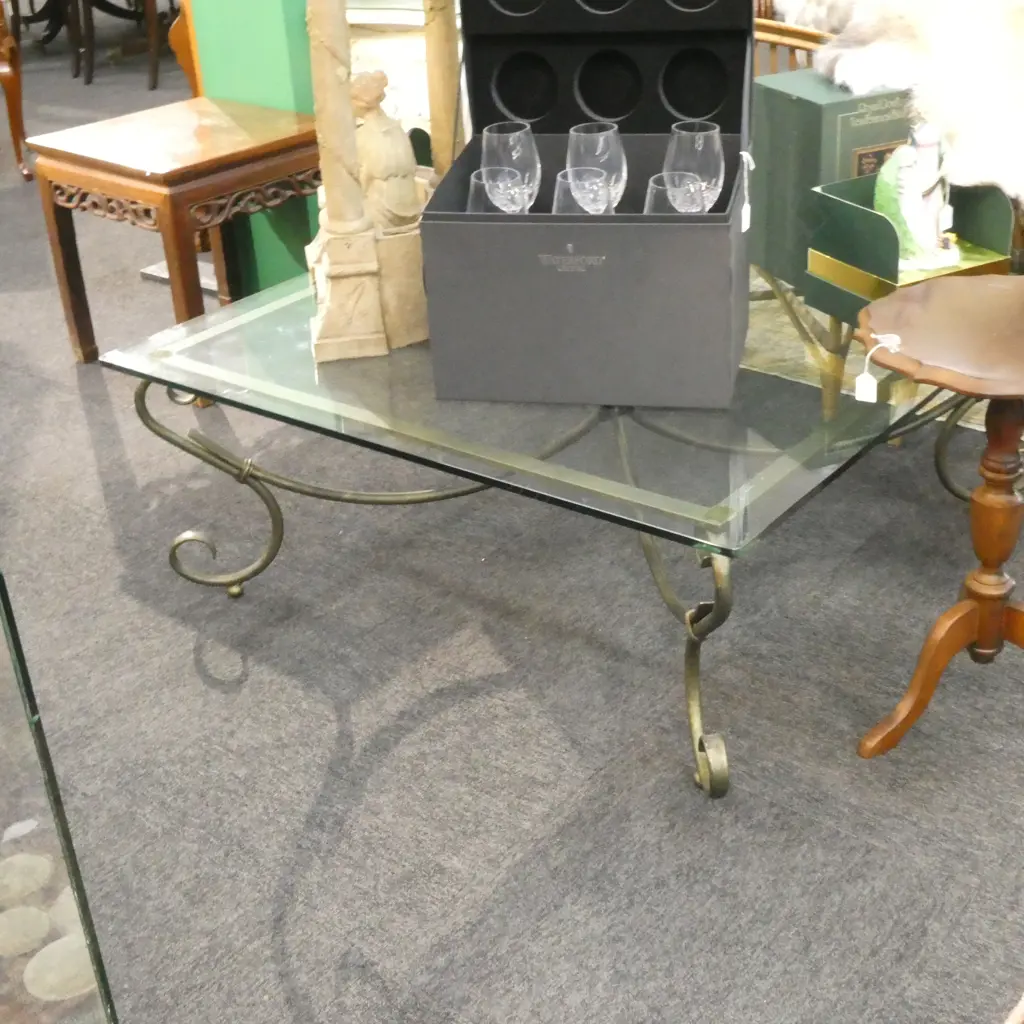 LG SQUARE GLASS & WROUGHT IRON COFFEE TABLE 1100MM SQ Image 1++
