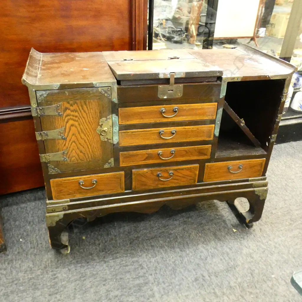 VINTAGE ORIENTAL LOW CABINET MULTI DOORS & DRAWERS 695 x 325 x 550mm. DOOR LOOSE Image 1++