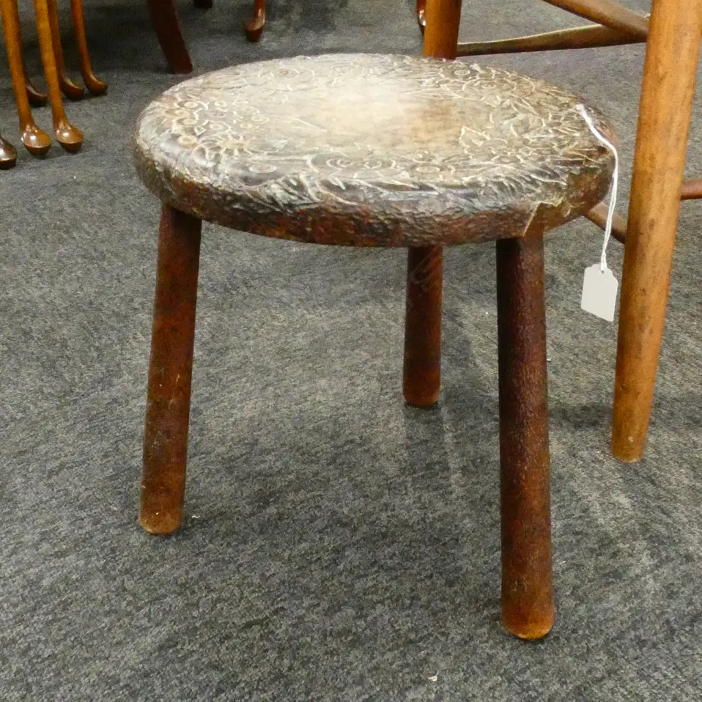 FOLK CARVED WOODEN STOOL H.320mm Image 1++