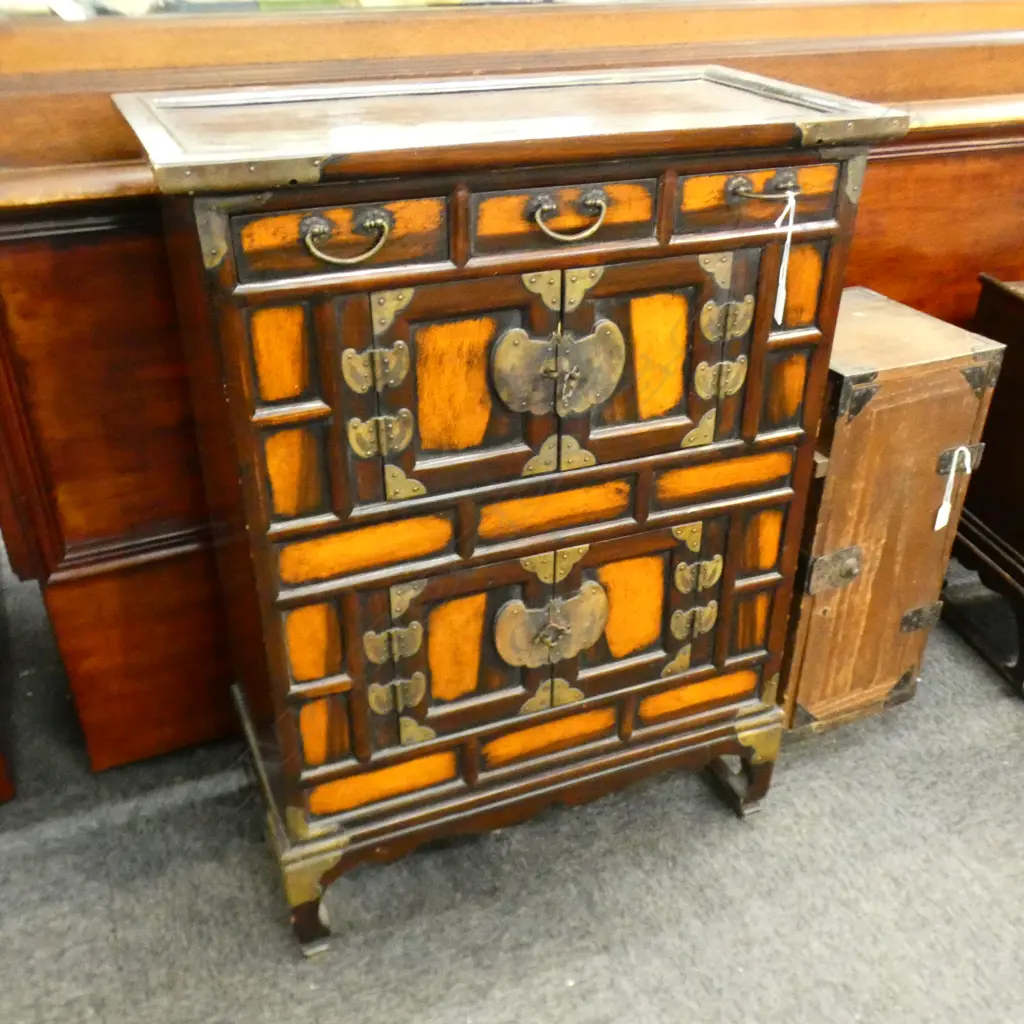 ORIENTAL WOODEN CABINET - 3 DRAWERS & 2 CUPBOARDS  - BRASS TRIMS L 635 H 850MM Image 1++