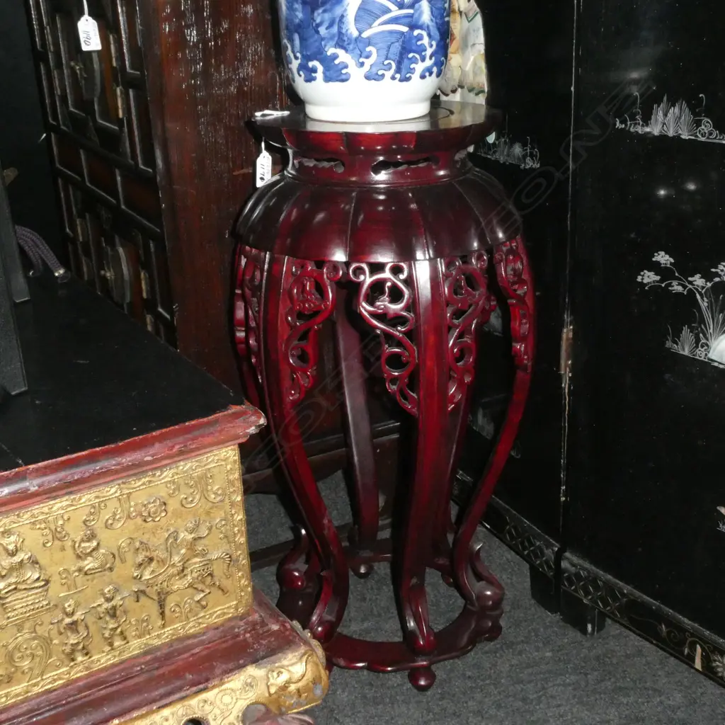 ORIENTAL ROSEWOOD VASE STAND HEXAGONAL BALUSTER W SCROLLS H.610mm Image 1++