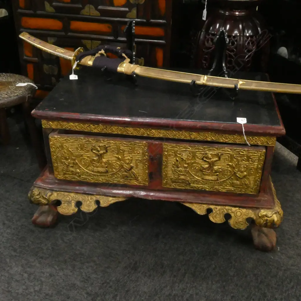 OLD GILDED SINGLE DRAWER CHEST - ORNATE FILIGREE GILDING - BLACK PAINTED TOP L 670MM Image 1++