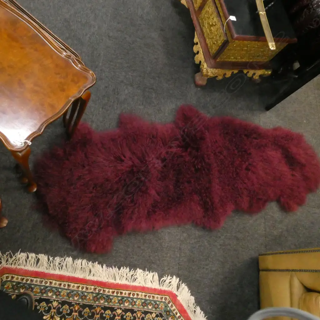 TIBETAN LAMB HIDE; LONG CURLY WOOL IN BURGANDY 1600x600mm Image 1++