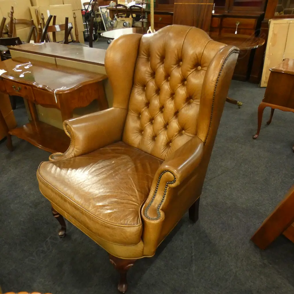 DARK TAN TASMAN LEATHER 'MONTREUX' BUTTON WING BACK ARMCHAIR; BRASS STUD DETAIL Image 1++