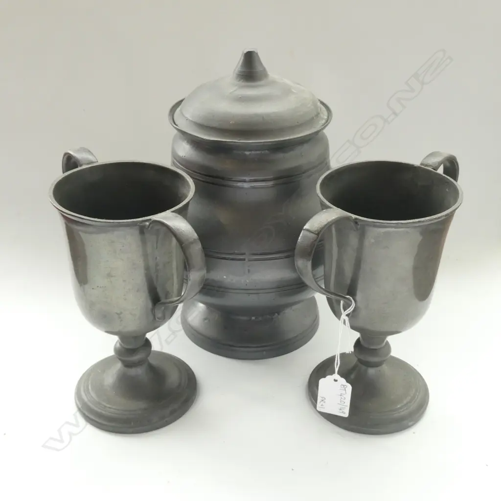 LATE 19thC CONTINENTAL PEWTER LARGE LIDDED JAR (FINIAL BROKEN OFF) H.270mm + 2x CHALICE CUPS Image 1++