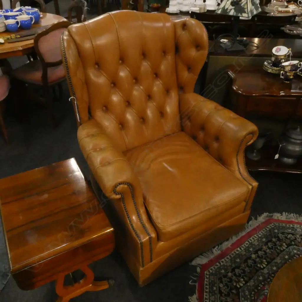 TAN LEATHER BUTTON WING BACK ARMCHAIR; BRASS STUD DETAIL Image 1++