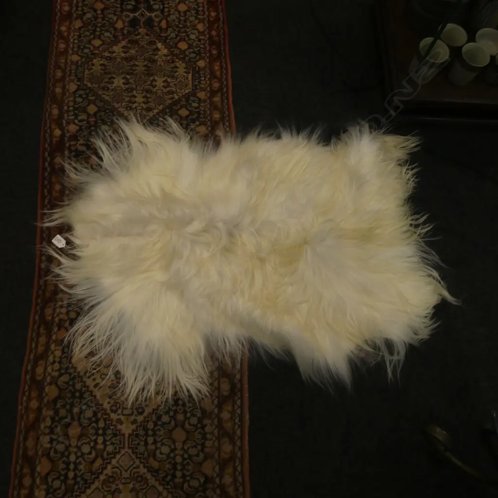 MONGOLIAN GOAT HIDE; LONG WHITE WOOL 950x600mm Image 1++