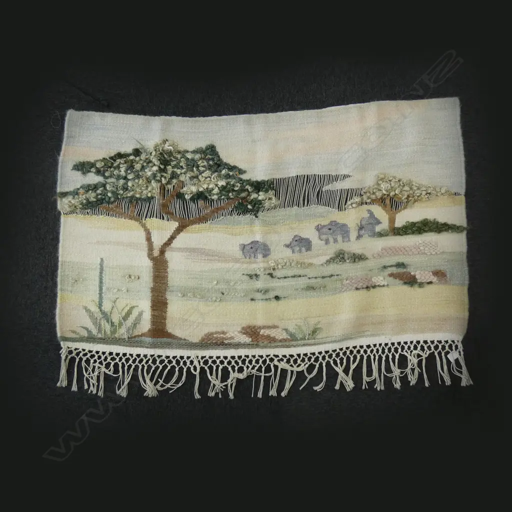 STH AFRICAN VILLAGE WEAVERS WALL RUG W ELEPHANTS - 970 X 1320MM IN NEED OF ATTENTION Image 1++