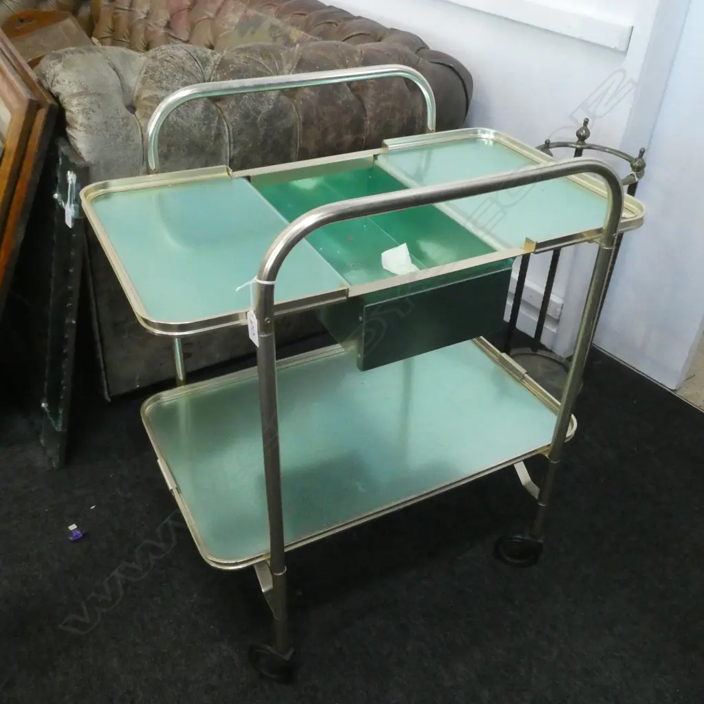 GREEN TWO TIER 1950S METAL TROLLEY 750MM HIGH 680MM WIDE  Image 1++