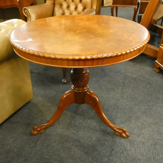 1970s BURR WALNUT CIRCULAR PEDESTAL CENTRE TABLE DIA 840mm