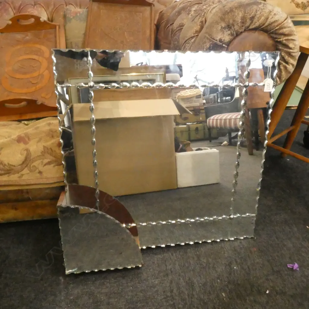 DECO STYLE WALL MIRROR RHOMBUS SHAPE SCALLOPED DETAIL LOWER SHELFSLIGHT FRACTURE TO BASE 890MM HIGH Image 1++