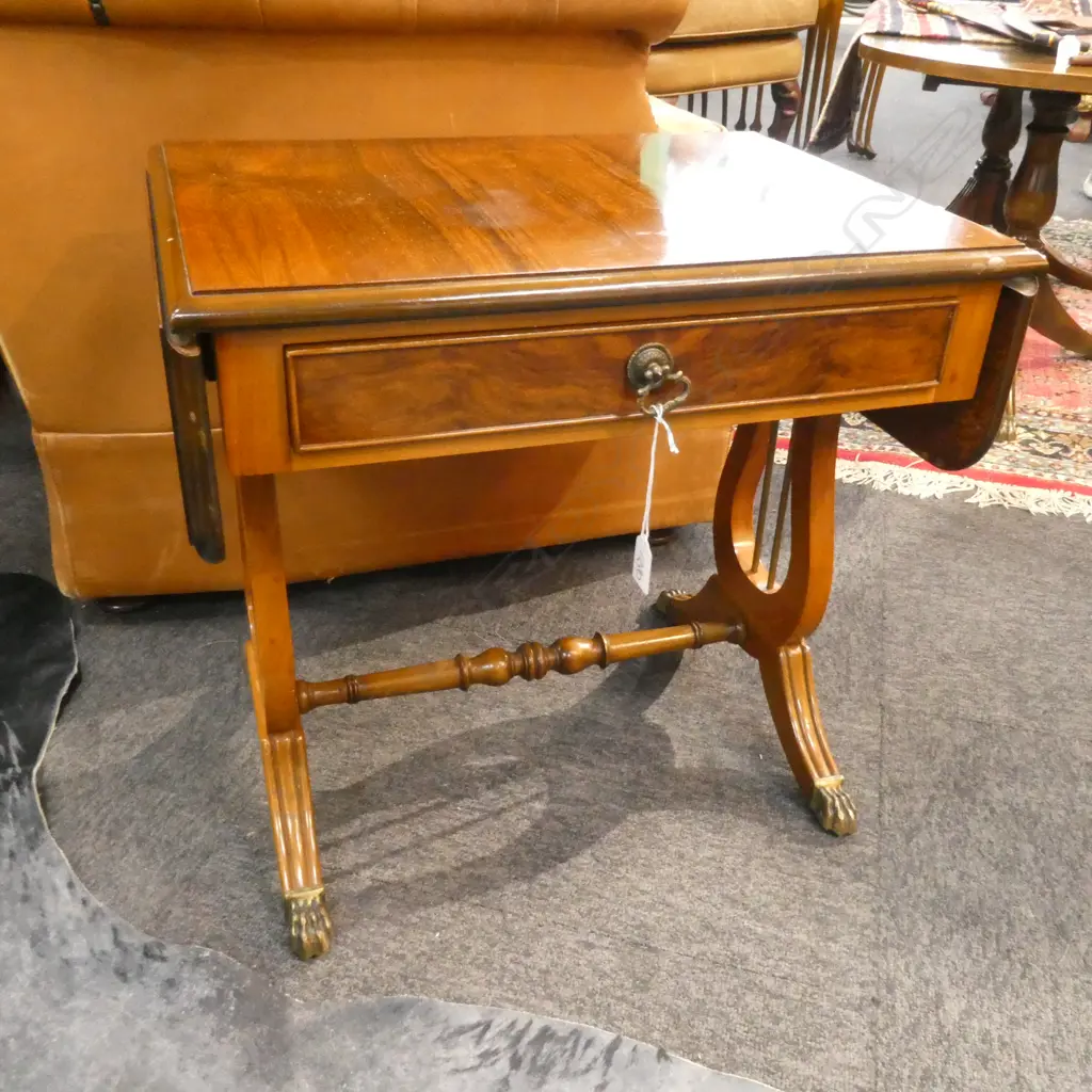 REGENCY STYLE WALNUT MINIATURE SOFA TABLE LYRE SUPPORTS H.480mm Image 1++