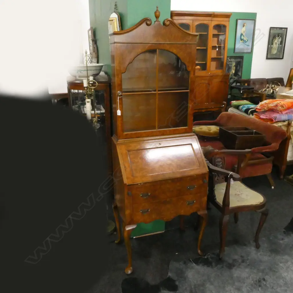 QUEEN ANNE STYLE BURR WALNUT QUALITY SMALL BOOKCASE BEREAU H.1800mm  Image 1++