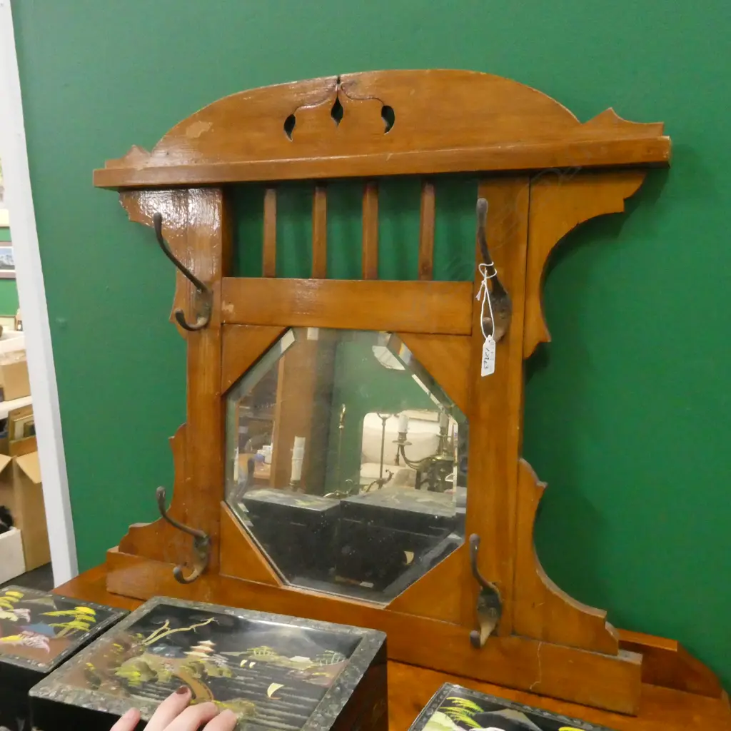 COLONIAL RIMU HALL MIRROR WITH COAT HOOKS BEVELLED OCTANGULAR MIRROR 605MM HIGH 614 WIDE Image 1++