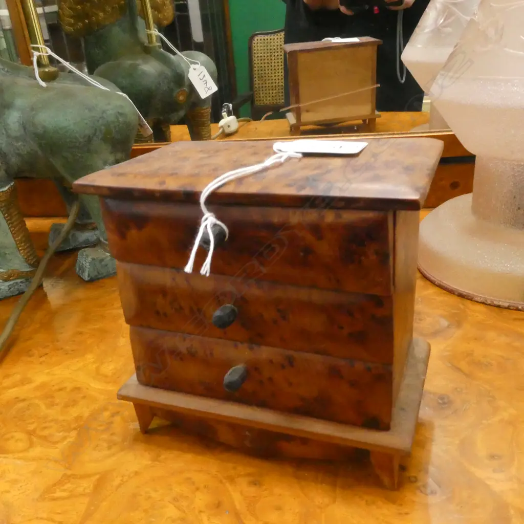 MINIATURE 3 DRAWER BURR AND FLAME KAURI CHEST 125MM HIGH 130MM ACROSS Image 1++
