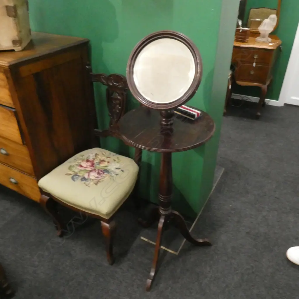 REPRO MAHOGANY SHAVING STAND CIRCULAR ADJUSTABLE MIRROR CIRCULAR PLATEAU BELOW ON TREFOIL BASE 1200MM HIGH  Image 1++