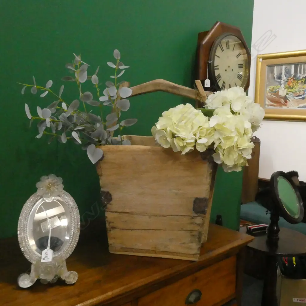 VINTAGE STYLE WOODEN BUCKET EX CORSO DE' FIORE H.560mm + FAUX FLOWERS Image 1++