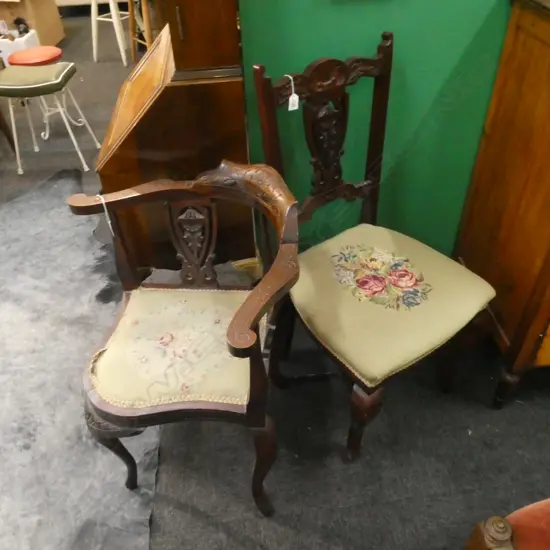 3 EDWARDIAN CHAIRS w. NEEDLEWORK UPHOLSTERY; PR & CNR CHAIR