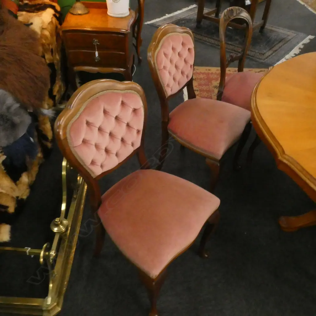 6 DINING CHAIRS IN PINK UPHOLSTERY; 3 VICT. BALLOON BACK, 3 REPRO Image 1++