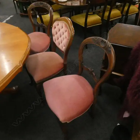 6 DINING CHAIRS IN PINK UPHOLSTERY; 3 VICT. BALLOON BACK, 3 REPRO