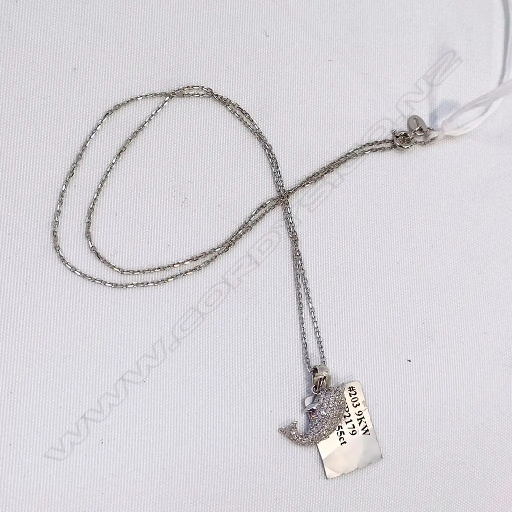 9CT WHITE GOLD AND DIAMOND DOLPHIN PENDANT 0.55CT DIAMONDS SILVER CHAIN Image 1++