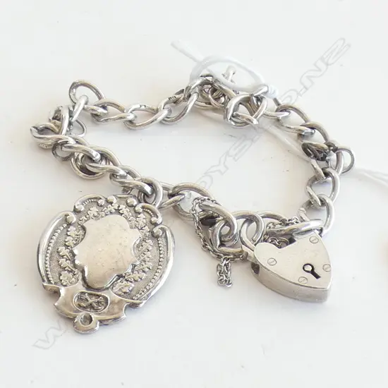 STERLING SILVER CHARM BRACELET w LOCK CLASP & FOB