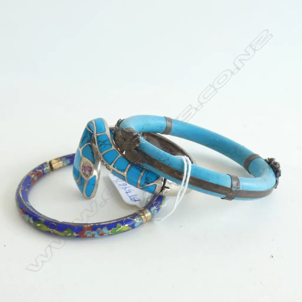 3 BANGLES; 925, TURQUOISE? & CLOISONNE AF Image 1++